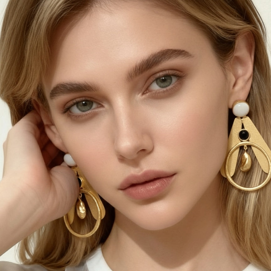 18 Kt Gold Plated Earrings - Statement Earring - Black and White - Shape in A Earring