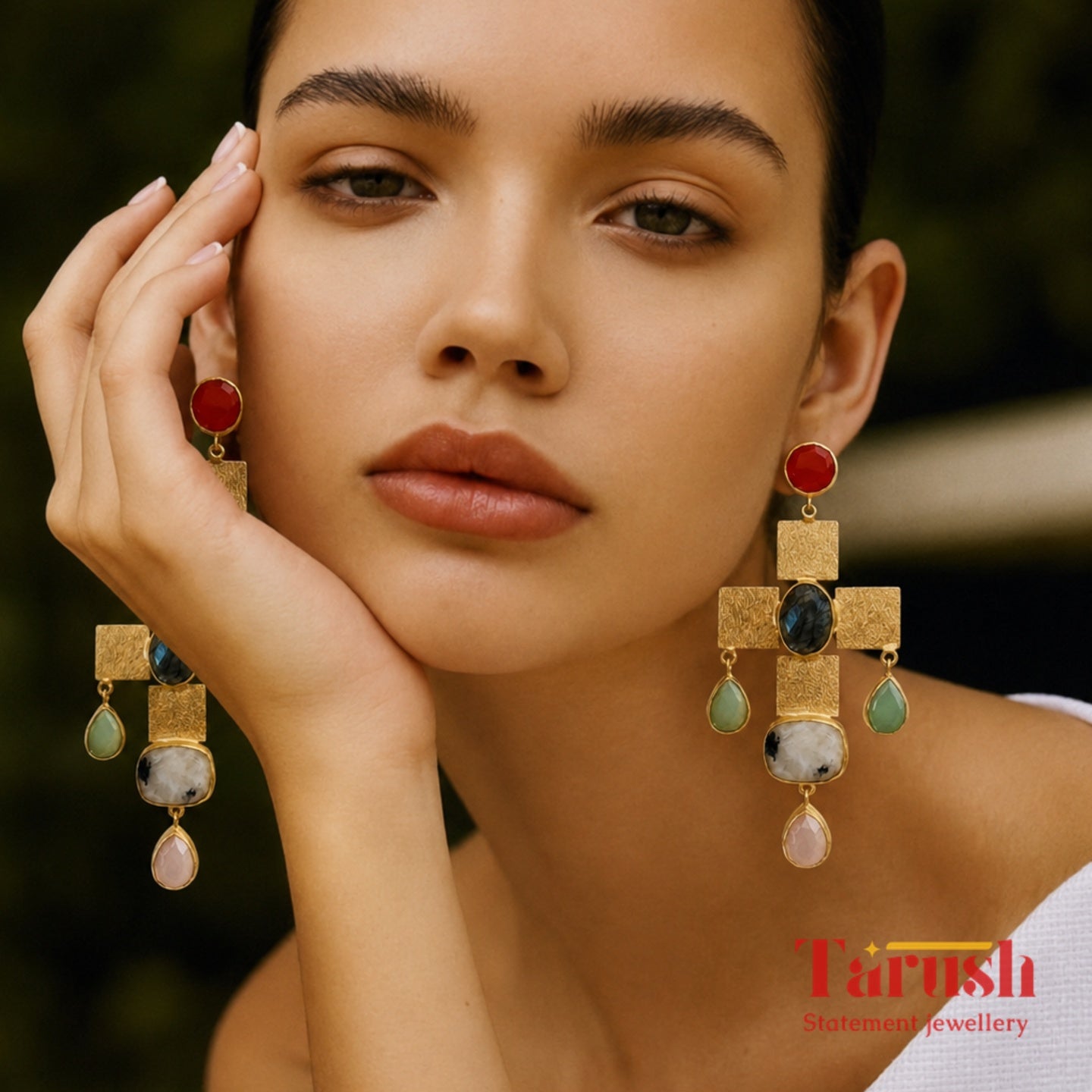 Tarush Multi-Stone Geometric Drop Earrings - Indo-Western Statement Jewellery - Stones Colour May Vary