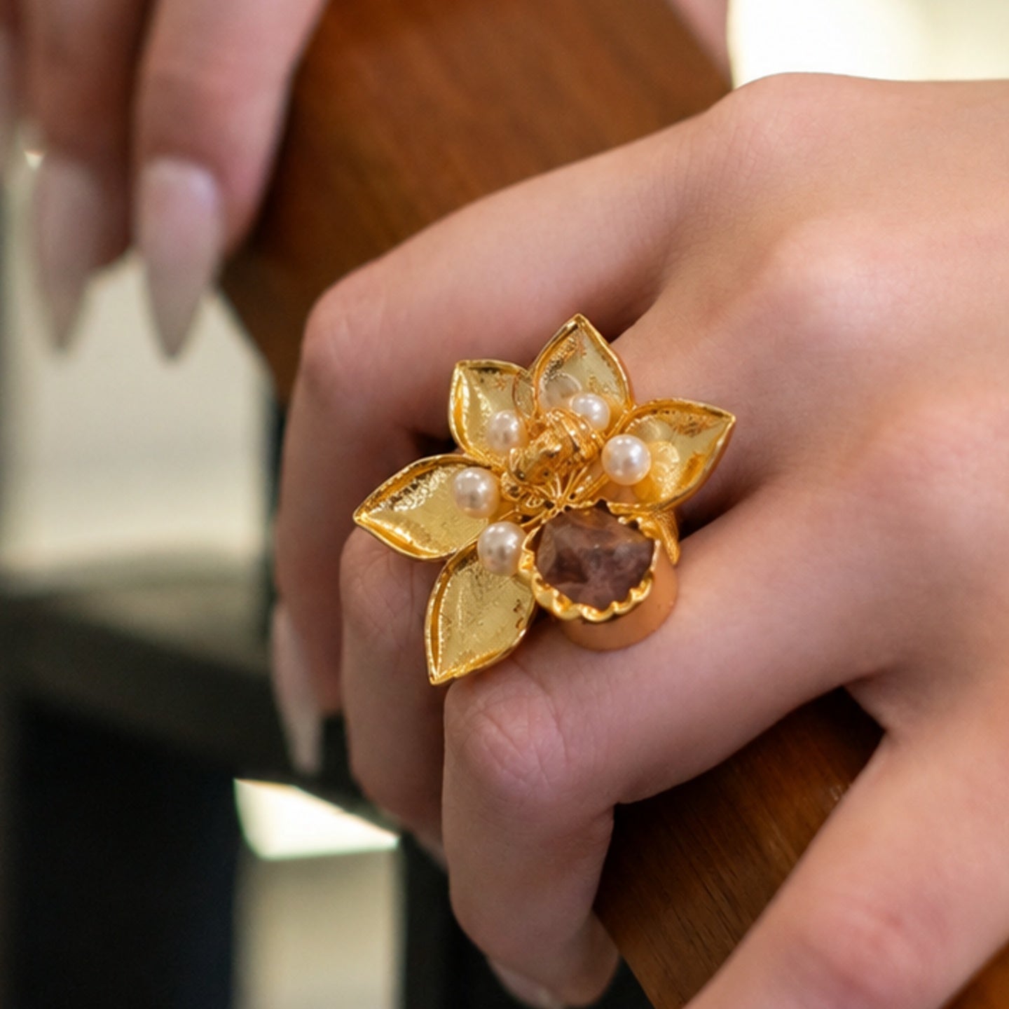 Golden Adjustable Ring - 18 Kt Gold Pated - Decorated with Semi precious stones to get that elegant look - Perfect for all occasions