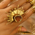 Bold Semi precious stone ring - 18 Kt Gold Plated Sunburst Statement Ring with Chocolate Brown Stone for Women
