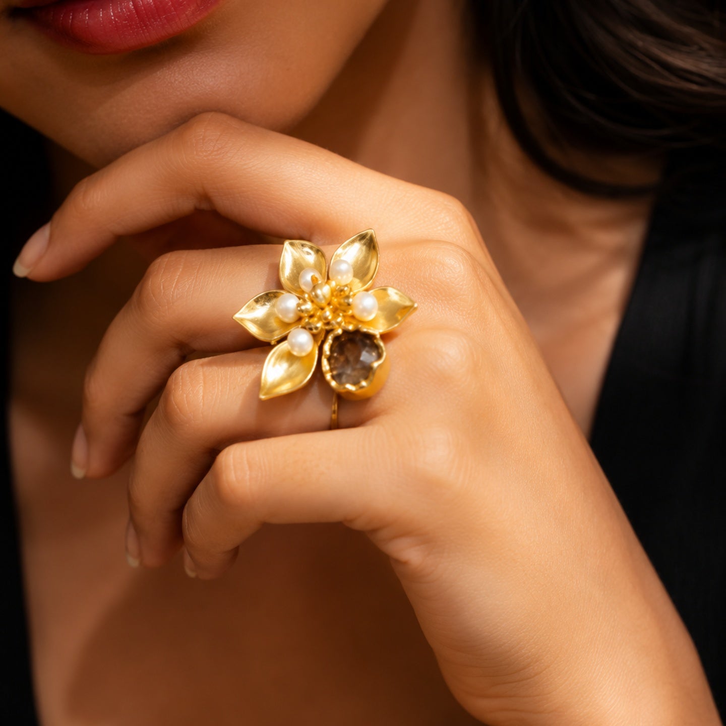Golden Adjustable Ring - 18 Kt Gold Pated - Decorated with Semi precious stones to get that elegant look - Perfect for all occasions