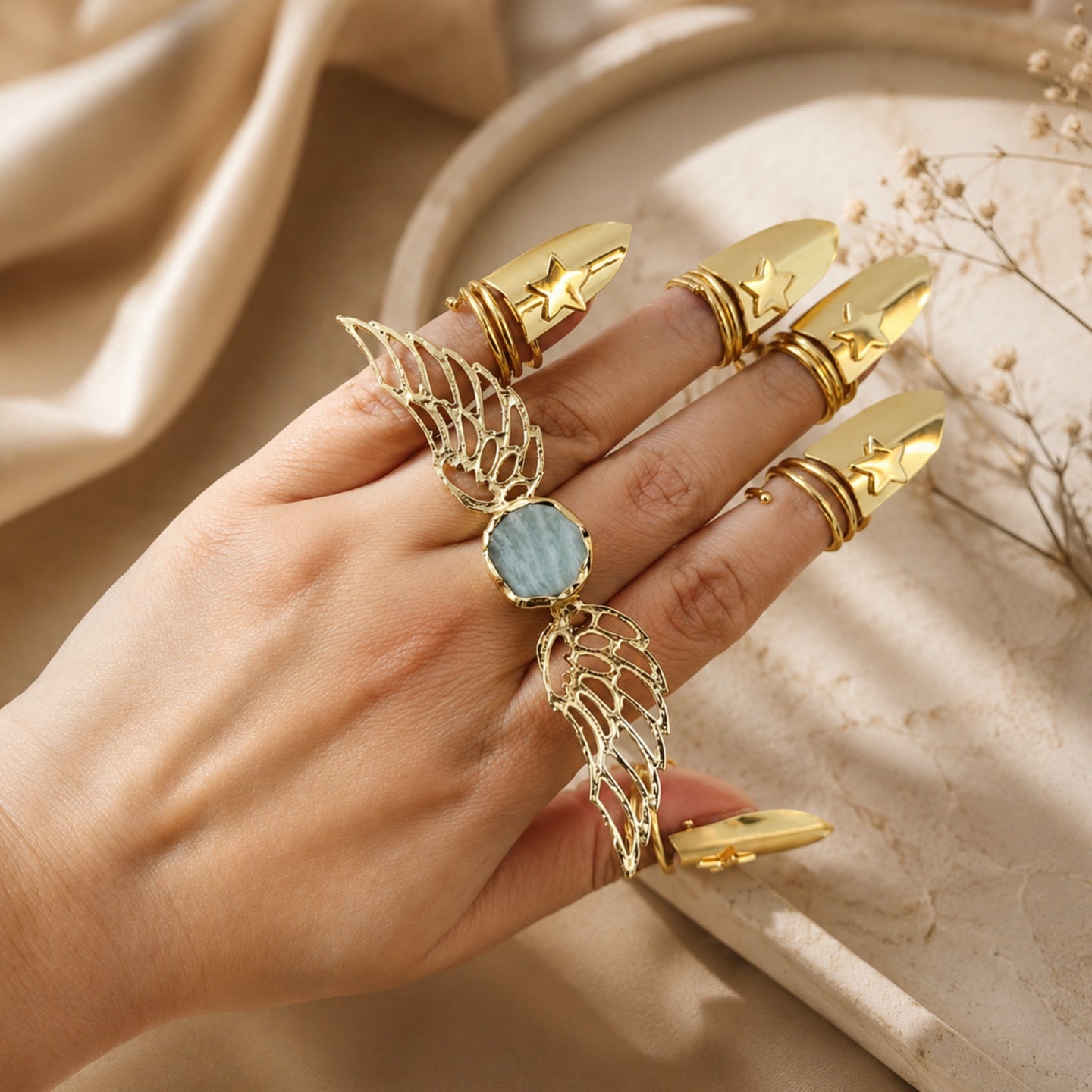 Green semi precious Brass Ring - 18 Kt Gold Plated Angel Wing Statement Ring for Women
