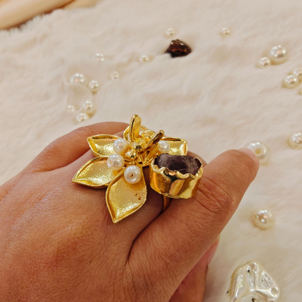 Golden Adjustable Ring - 18 Kt Gold Pated - Decorated with Semi precious stones to get that elegant look - Perfect for all occasions