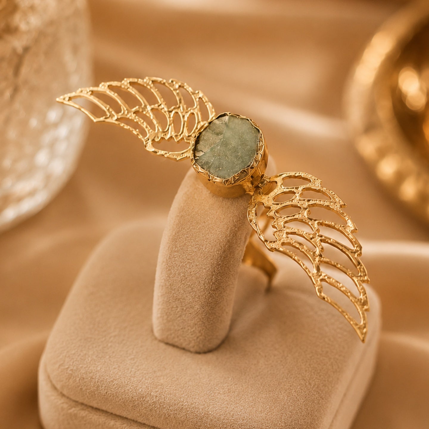Green semi precious Brass Ring - 18 Kt Gold Plated Angel Wing Statement Ring for Women