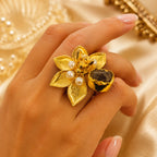 Golden Adjustable Ring - 18 Kt Gold Pated - Decorated with Semi precious stones to get that elegant look - Perfect for all occasions