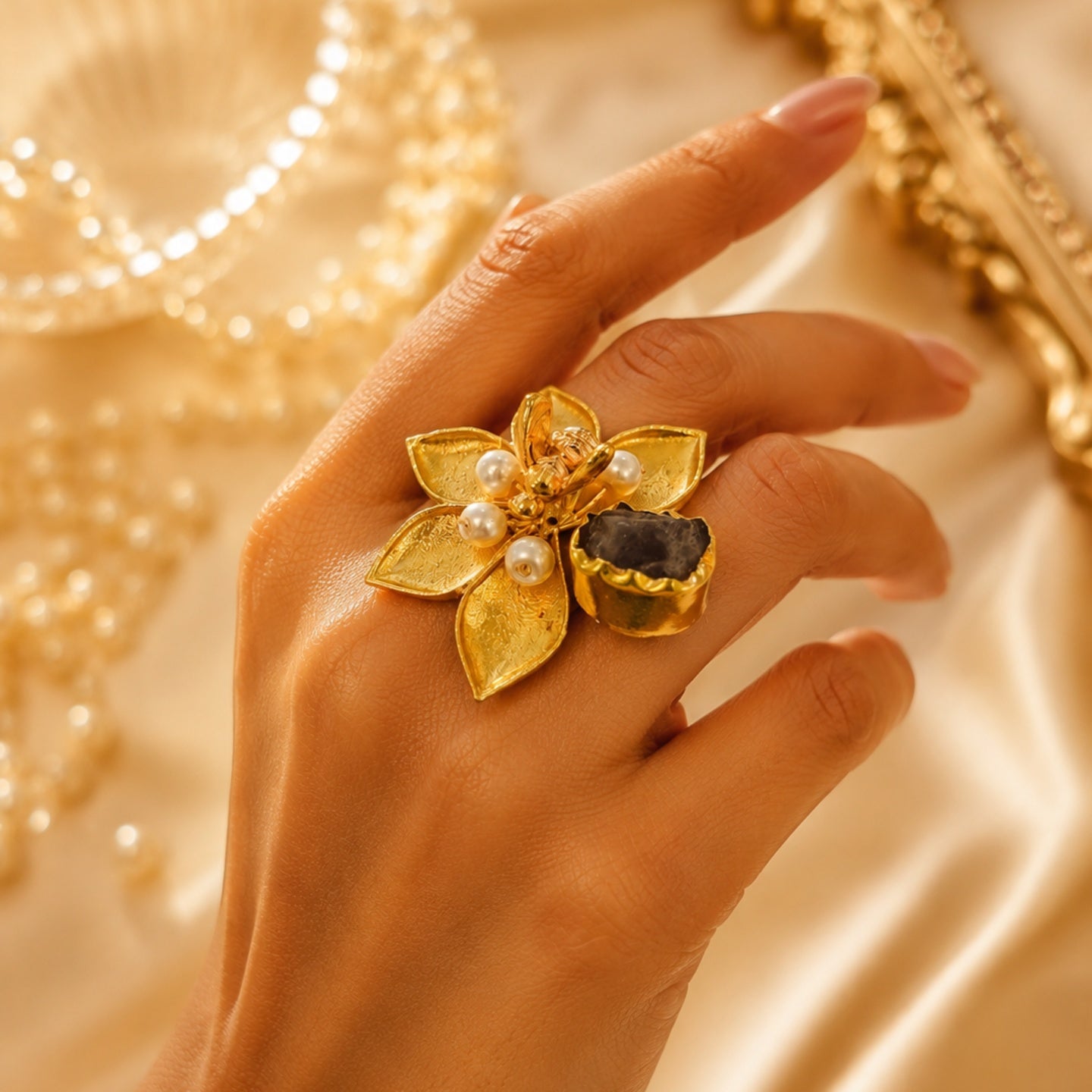 Golden Adjustable Ring - 18 Kt Gold Pated - Decorated with Semi precious stones to get that elegant look - Perfect for all occasions