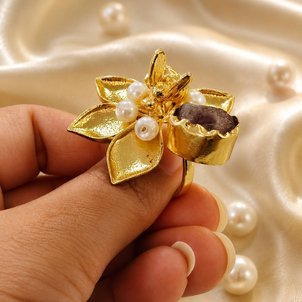 Golden Adjustable Ring - 18 Kt Gold Pated - Decorated with Semi precious stones to get that elegant look - Perfect for all occasions