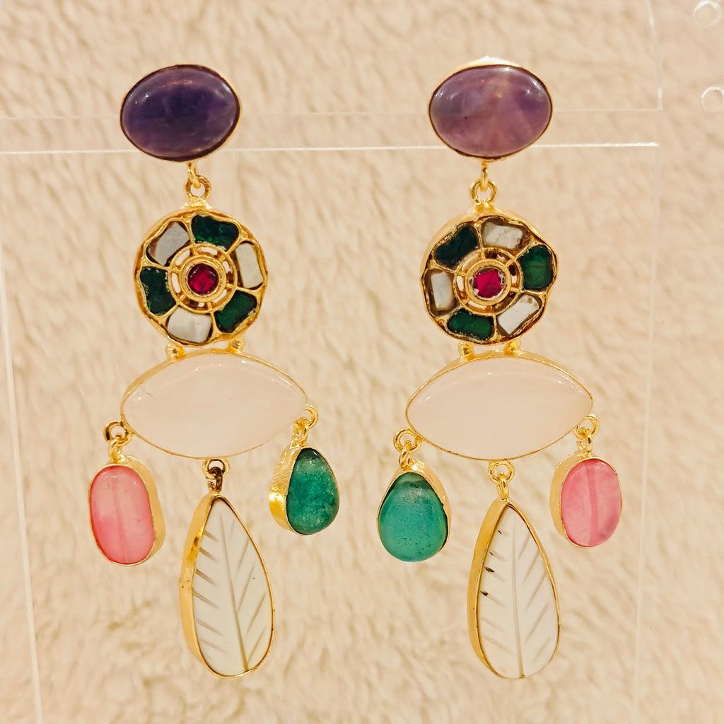 Mosaic Bloom Earrings - 18 Kt Gold Pated - Decorated with Precious stones and Kundans for that royal and elegant look - Perfect for all occasions