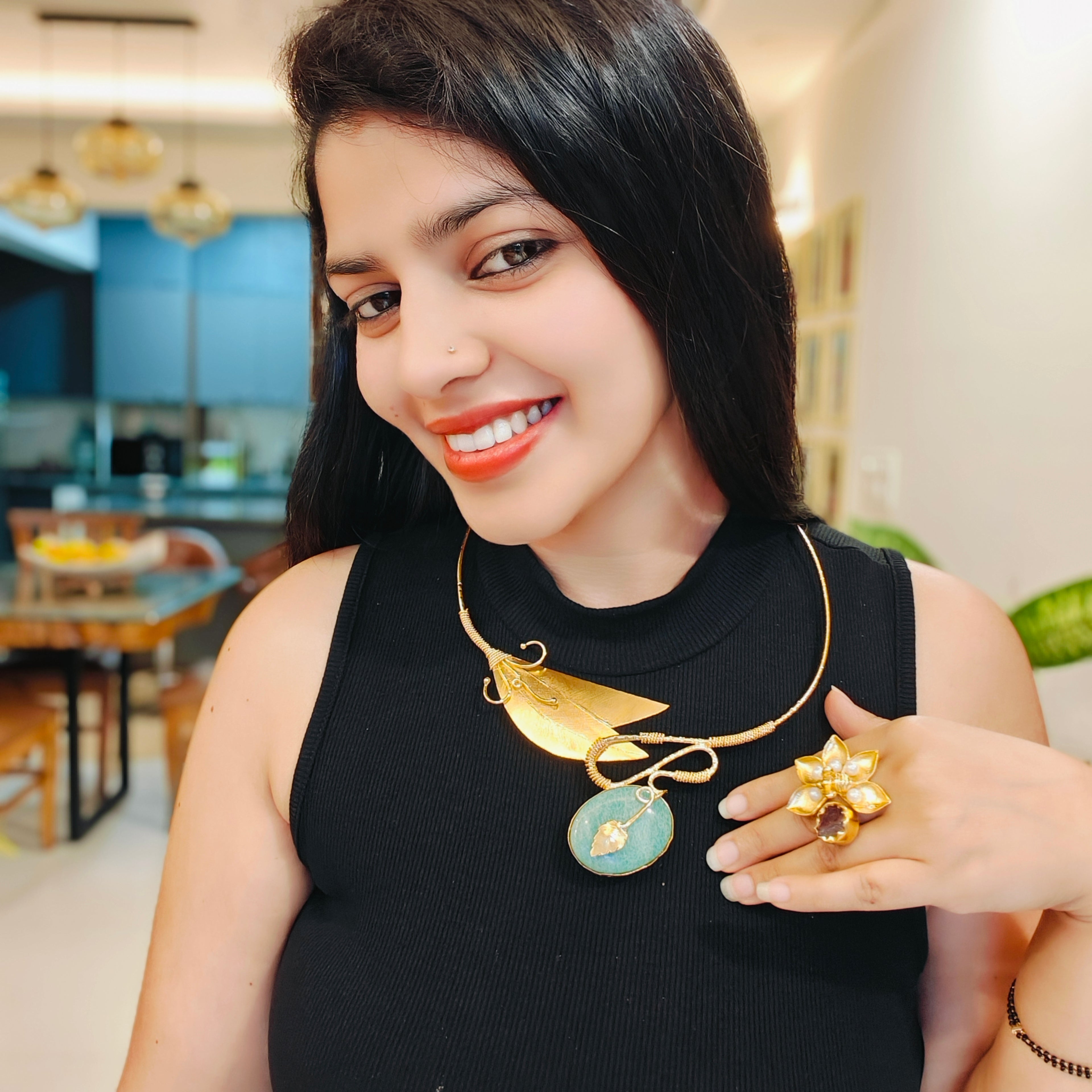 Handcrafted Green Stone Leaf Precious stone Necklace - 18kt gold plate Brass necklace - without earring