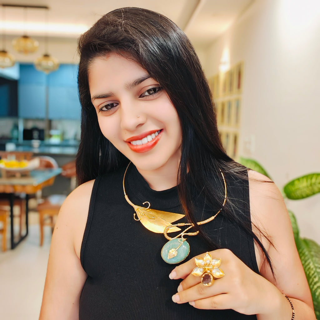 Handcrafted Green Stone Leaf Precious stone Necklace - 18kt gold plate Brass necklace - without earring