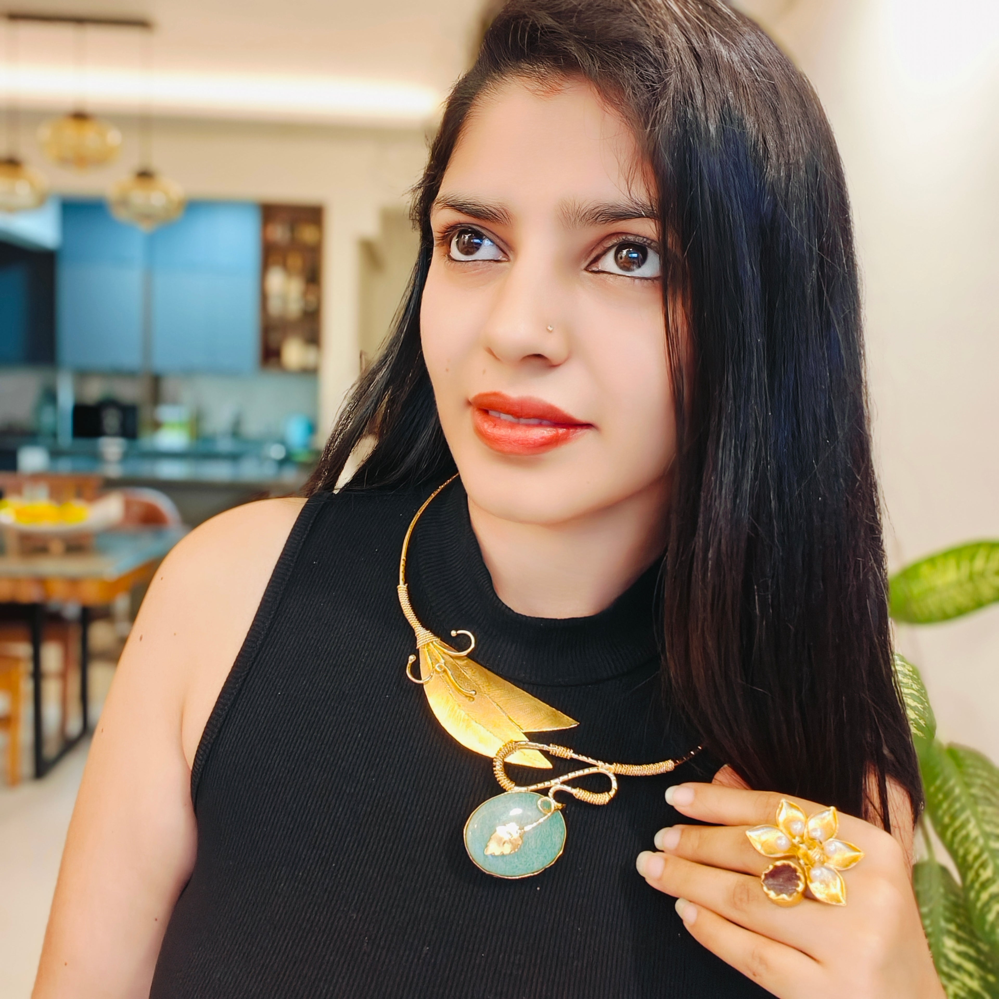 Handcrafted Green Stone Leaf Precious stone Necklace - 18kt gold plate Brass necklace - without earring