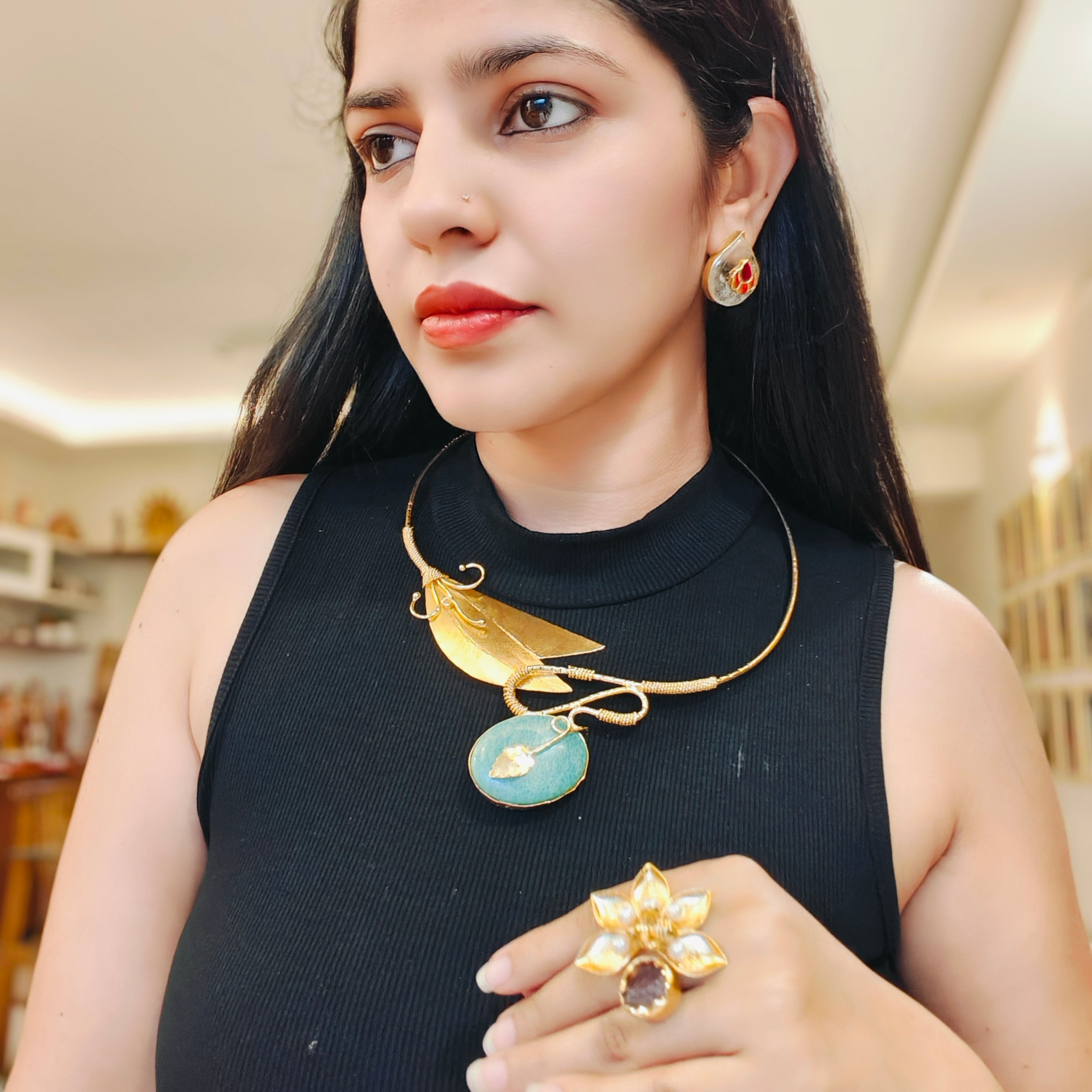 Handcrafted Green Stone Leaf Precious stone Necklace - 18kt gold plate Brass necklace - without earring
