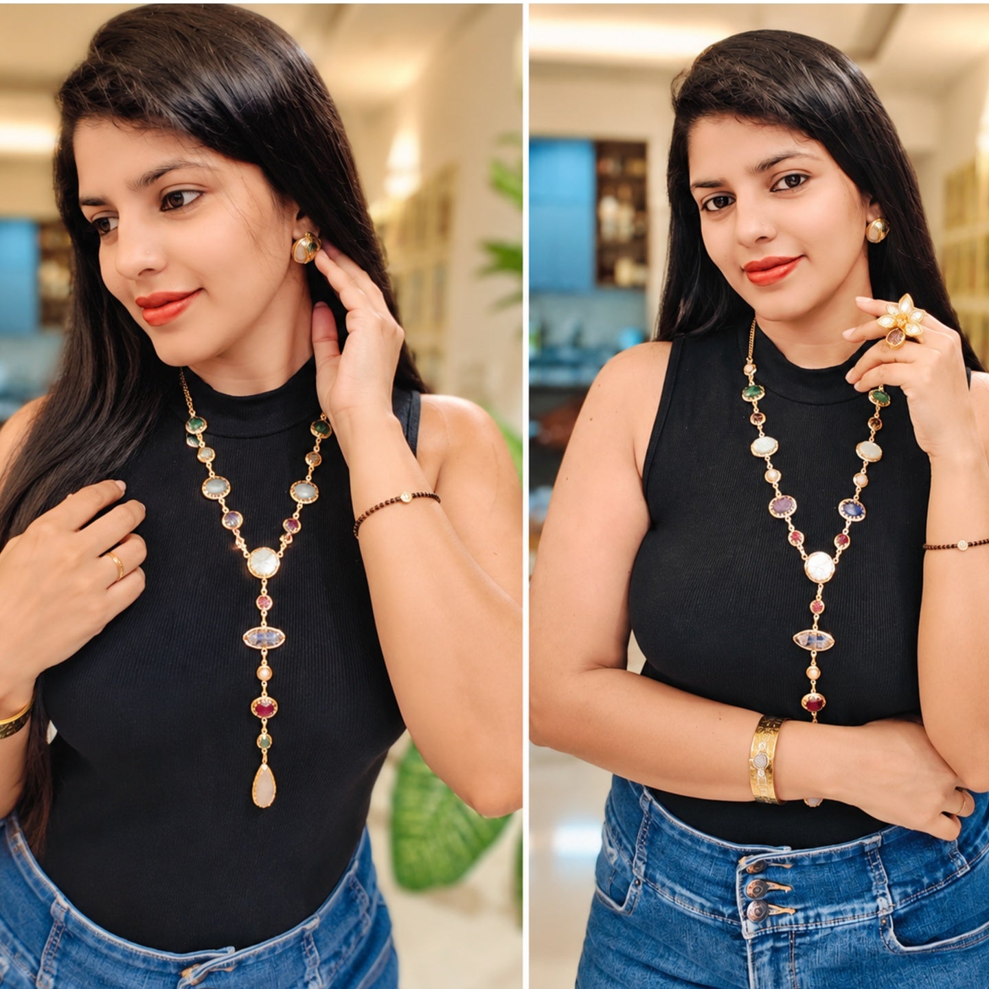Celestial Cascade Necklace - Multicolour Stones - 18 Kt Gold Plated - decorated with Precious Stones