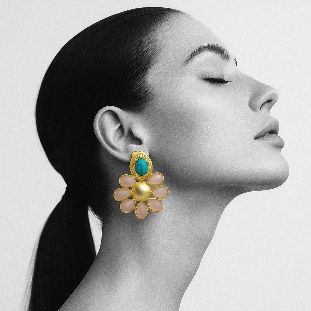 18 Kt Gold Plated Pink and Turquoise earring Semi Precious stone