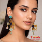 Tarush Multi-Stone Geometric Drop Earrings - Indo-Western Statement Jewellery - (STONES COLOURS MAY VARY)