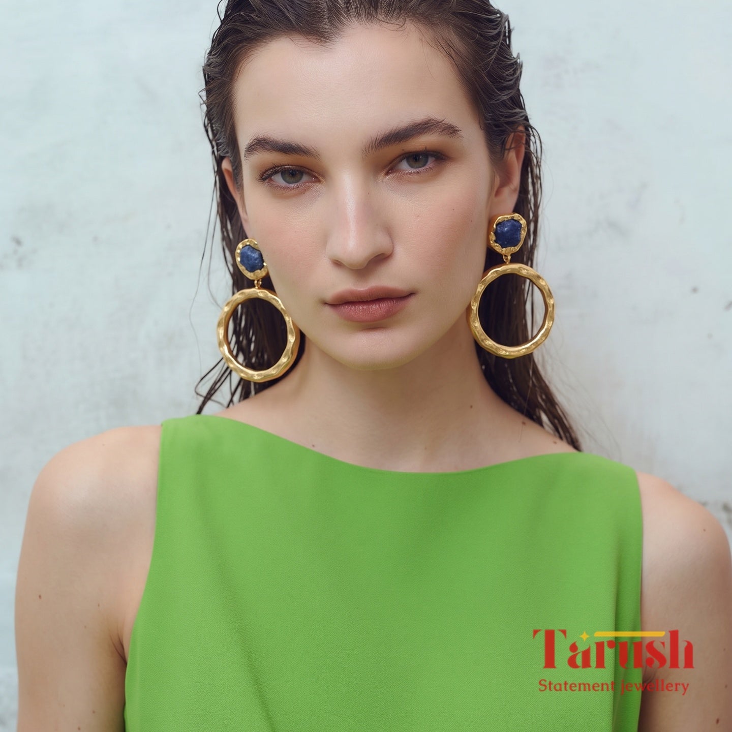 18 Kt Gold Plate Brass Dangling Earrings - Round earrings with semi precious stones - Perfect For all Your occasions