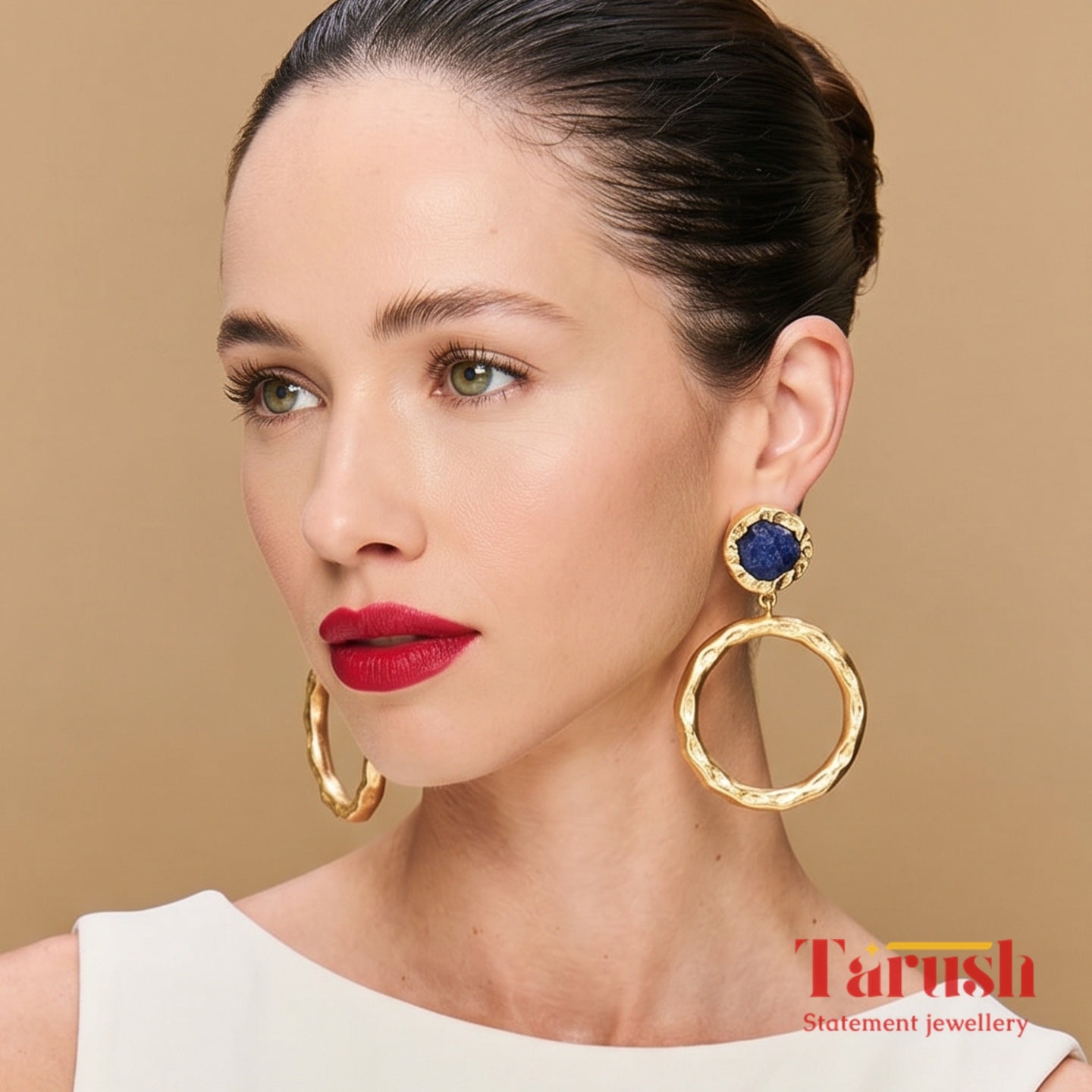 18 Kt Gold Plate Brass Dangling Earrings - Round earrings with semi precious stones - Perfect For all Your occasions