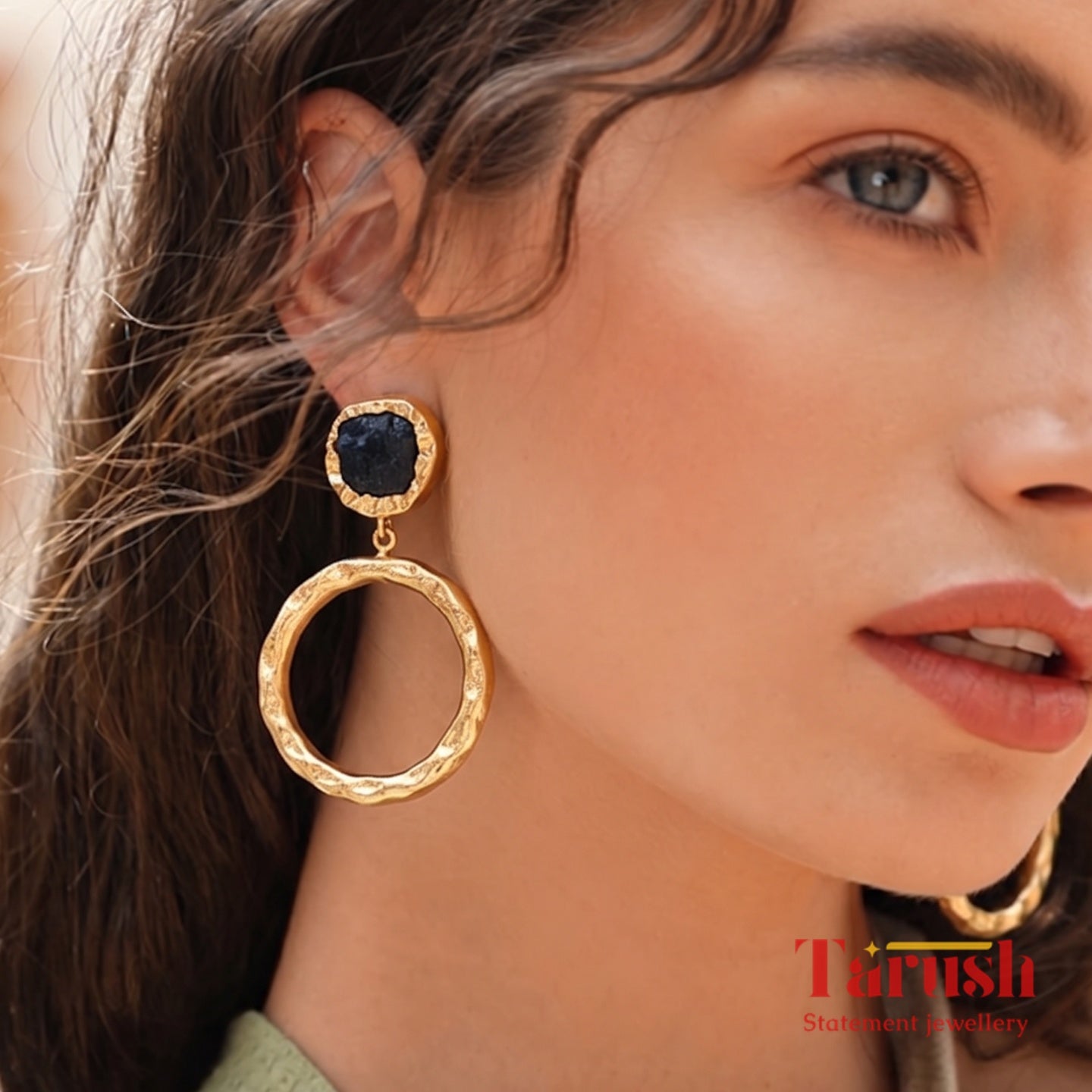 18 Kt Gold Plate Brass Dangling Earrings - Round earrings with semi precious stones - Perfect For all Your occasions