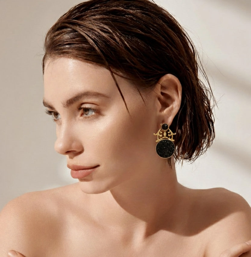 18 Kt Gold Plated Black Druzy earring - Perfect For Your Office Look Semi Precious stone