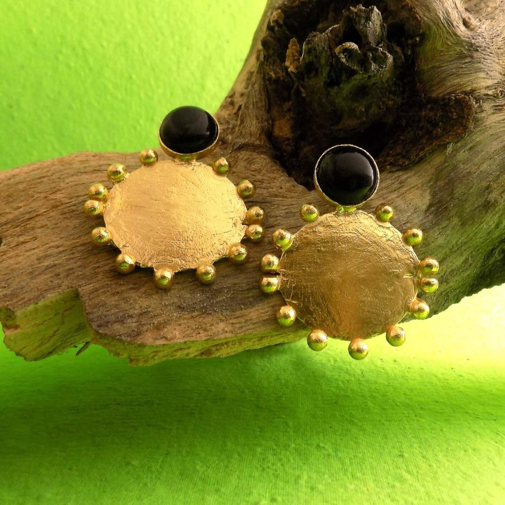 18 Kt Gold Plated Gold Plated Brass - Black with Round Gold Earring - Perfect for Your Everyday Look Semi Precious stone
