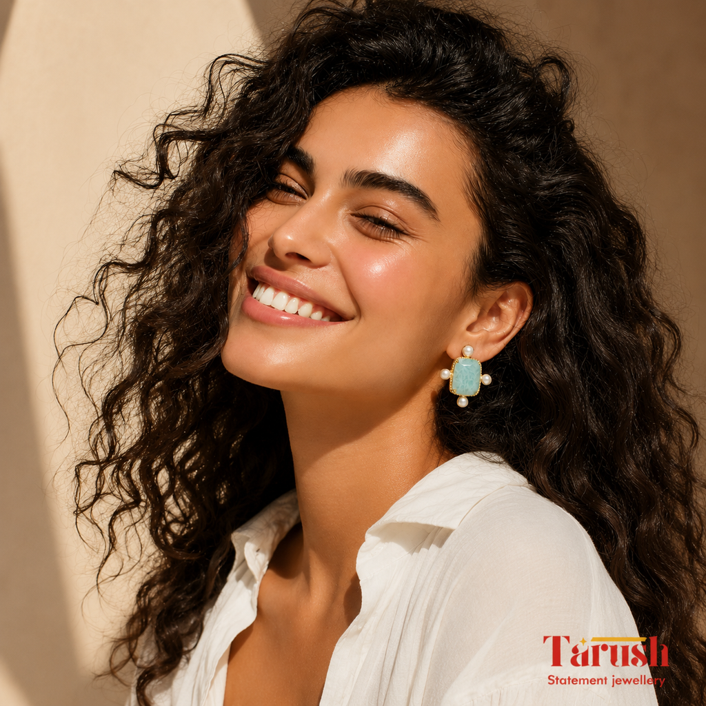 18 Kt Gold Plated Gold Plated - Blue Stone with Real Pearls - Perfect For Your EveryDay Look Semi Precious stone