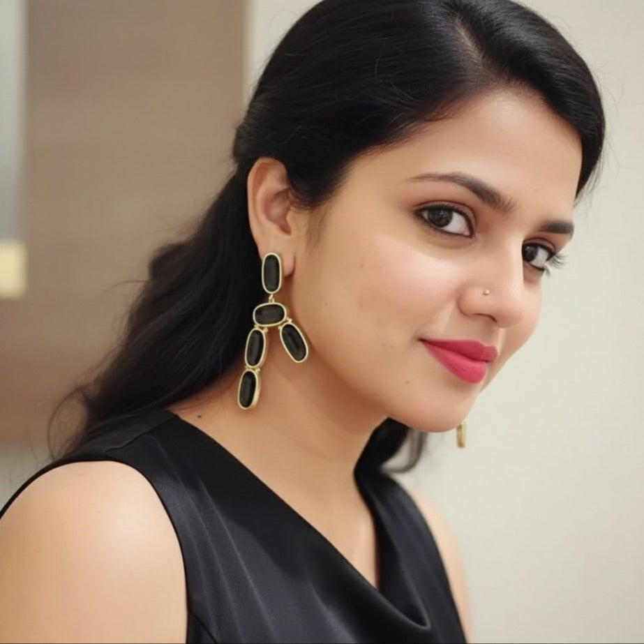 18 Kt Gold Plated Brass - Black A Symmetrical Earring - Perfect for Your Paries