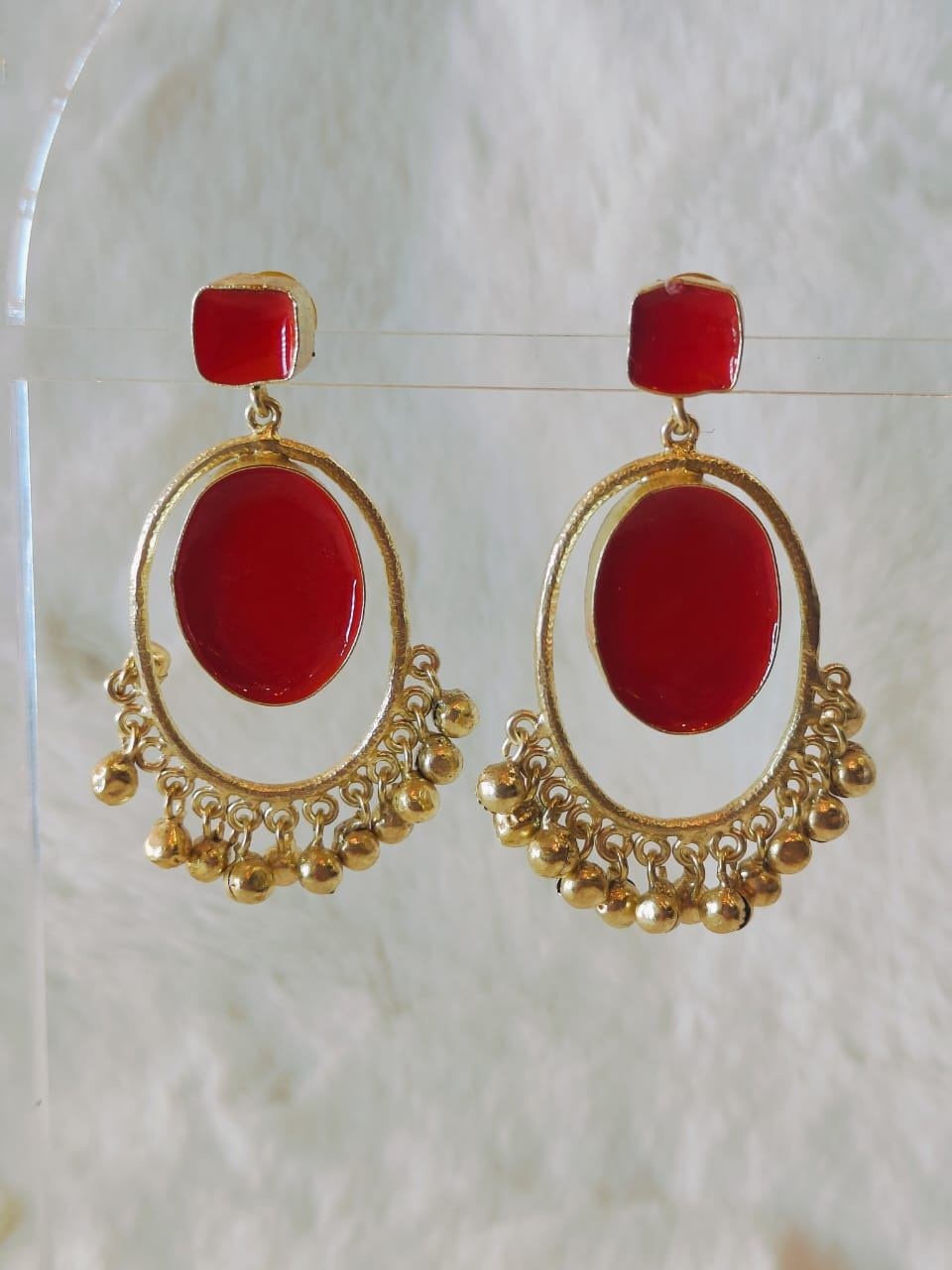 18 Kt Gold Plated Red Ghungroo Jhumka Earring Semi Precious stone