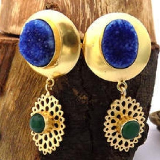 18 Kt Gold Plated Blue Green Druzy earring Semi Precious stone