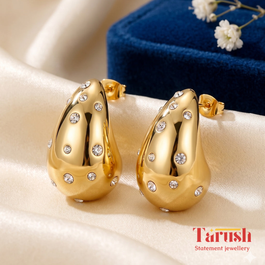 18 Kt Gold Plated water drop earring with Diamonds Semi Precious stone