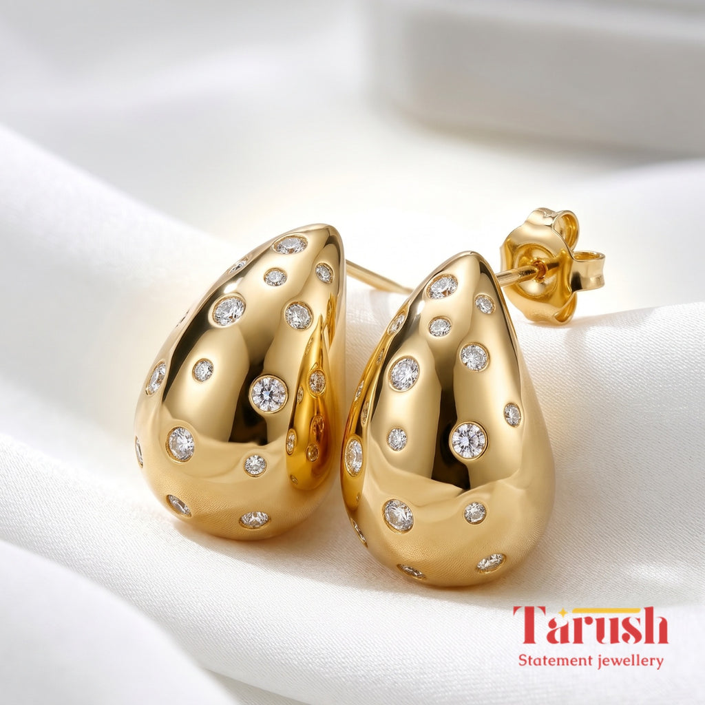 18 Kt Gold Plated water drop earring with Diamonds Semi Precious stone
