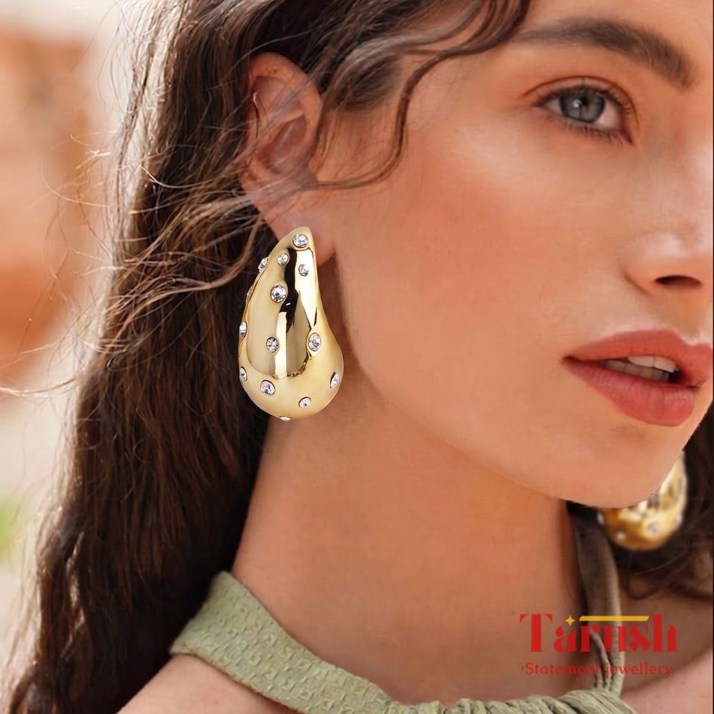 18 Kt Gold Plated water drop earring with Diamonds Semi Precious stone