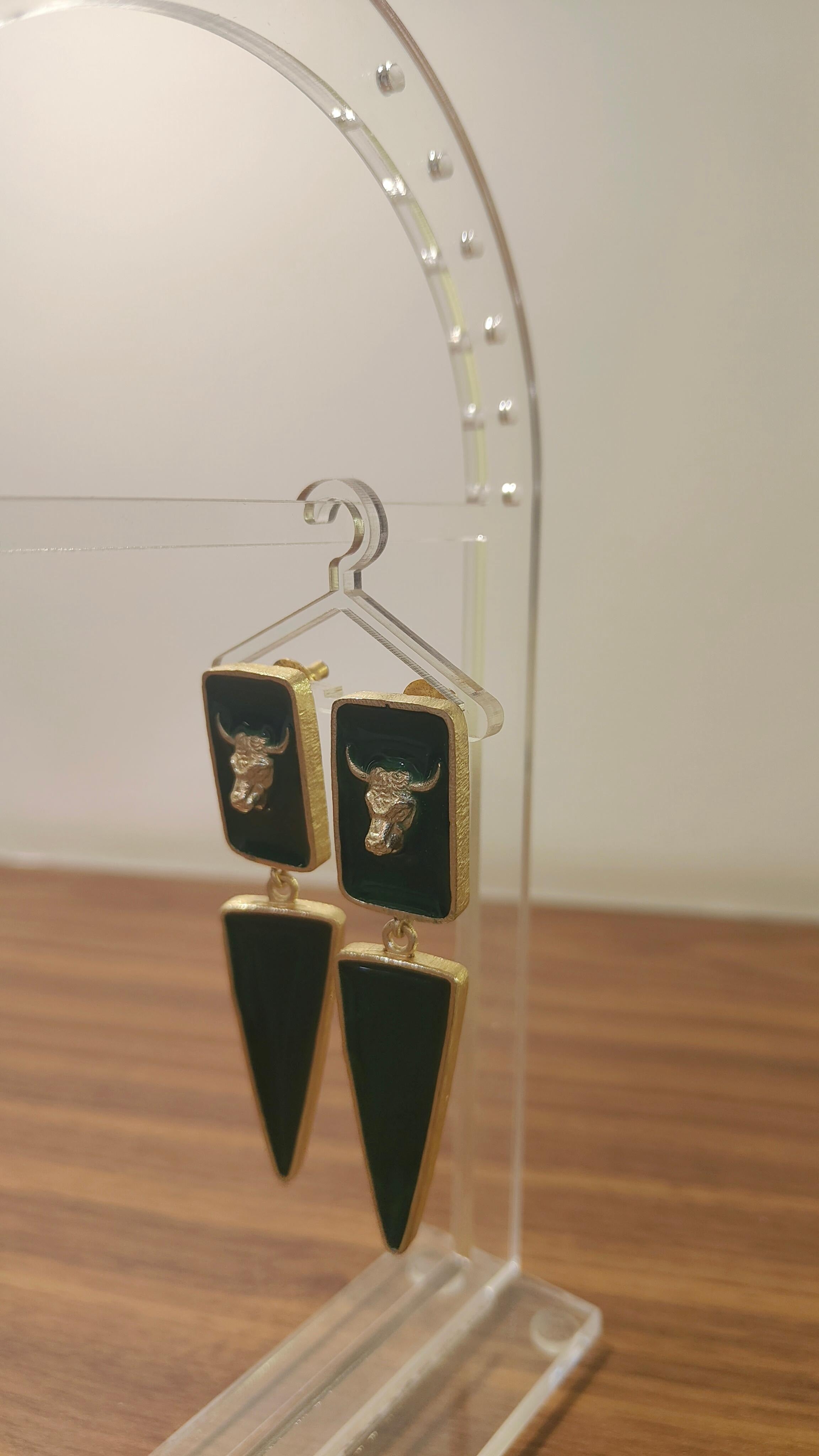 18 Kt Gold Plated green bull earrings Semi Precious stone