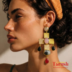 Tarush Multi-Stone Geometric Drop Earrings - Indo-Western Statement Jewellery - (STONES COLOURS MAY VARY)