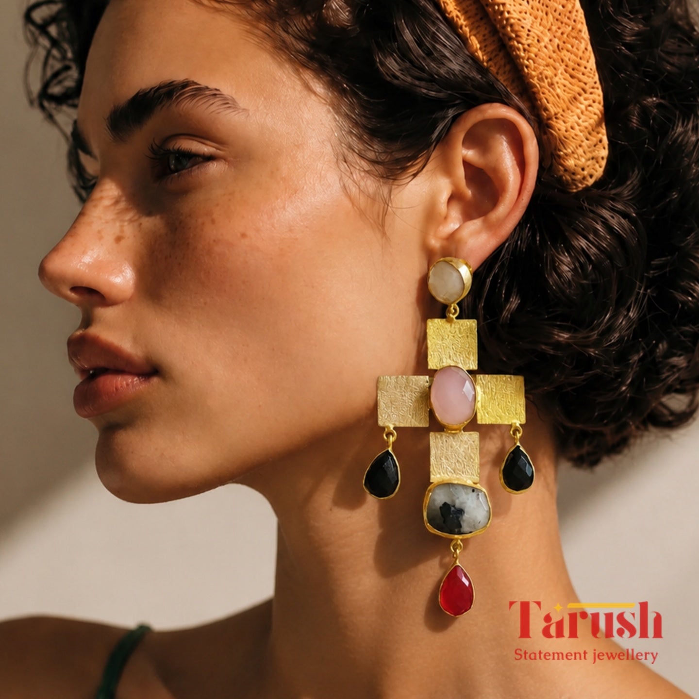 Tarush Multi-Stone Geometric Drop Earrings - Indo-Western Statement Jewellery - Stones Colour May Vary