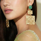 18 Kt Gold Plated 18kt Gold Plated - Green Stone Square Hammered - Dangler Earrings - Perfect for all Occasions Semi Precious stone