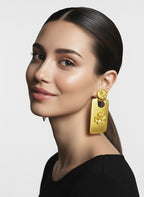 Gold big Rectangle with flower earring