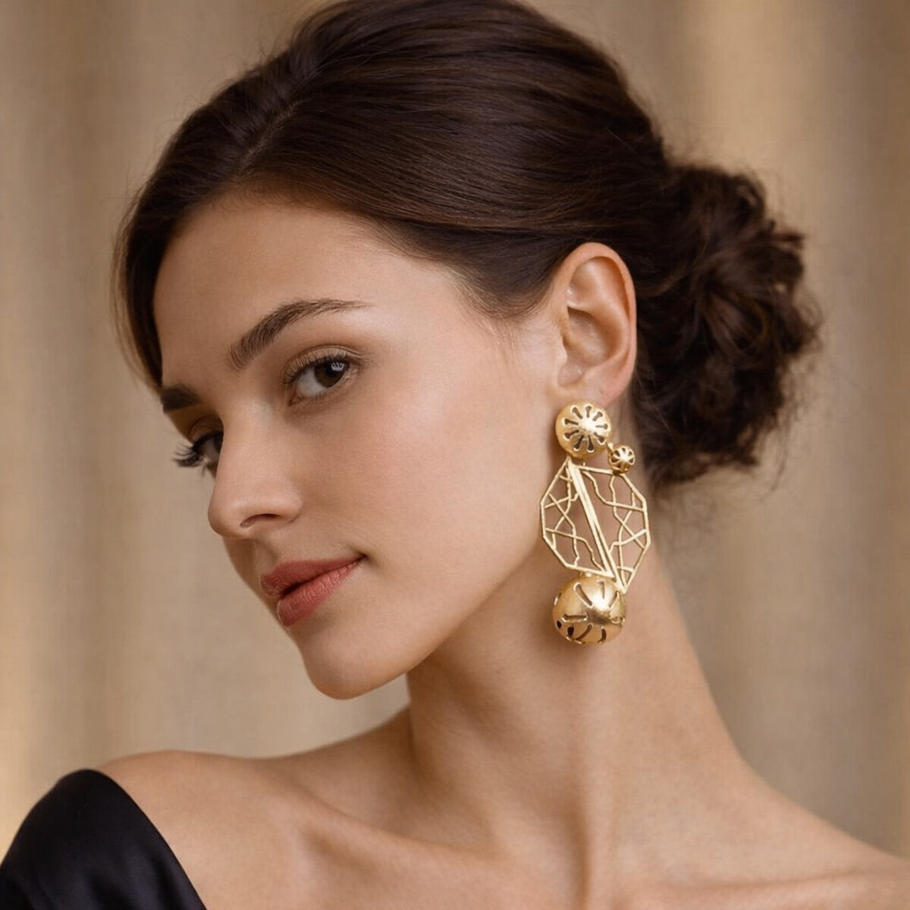 18 Kt Gold Plated Abstract gold earring Semi Precious stone
