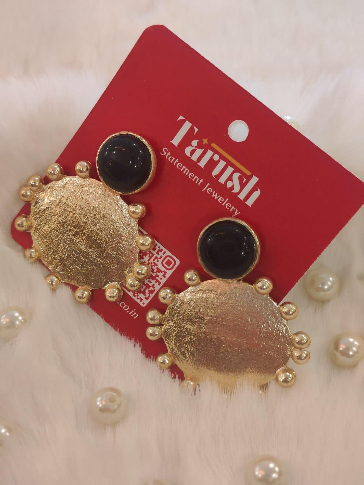 18 Kt Gold Plated Gold Plated Brass - Black with Round Gold Earring - Perfect for Your Everyday Look Semi Precious stone