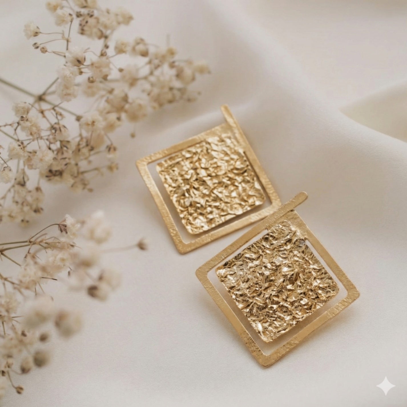 18 Kt Gold Plated - Square earrings - Hand Made - Hammered Texture - Perfect for Your Parties Semi Precious stone