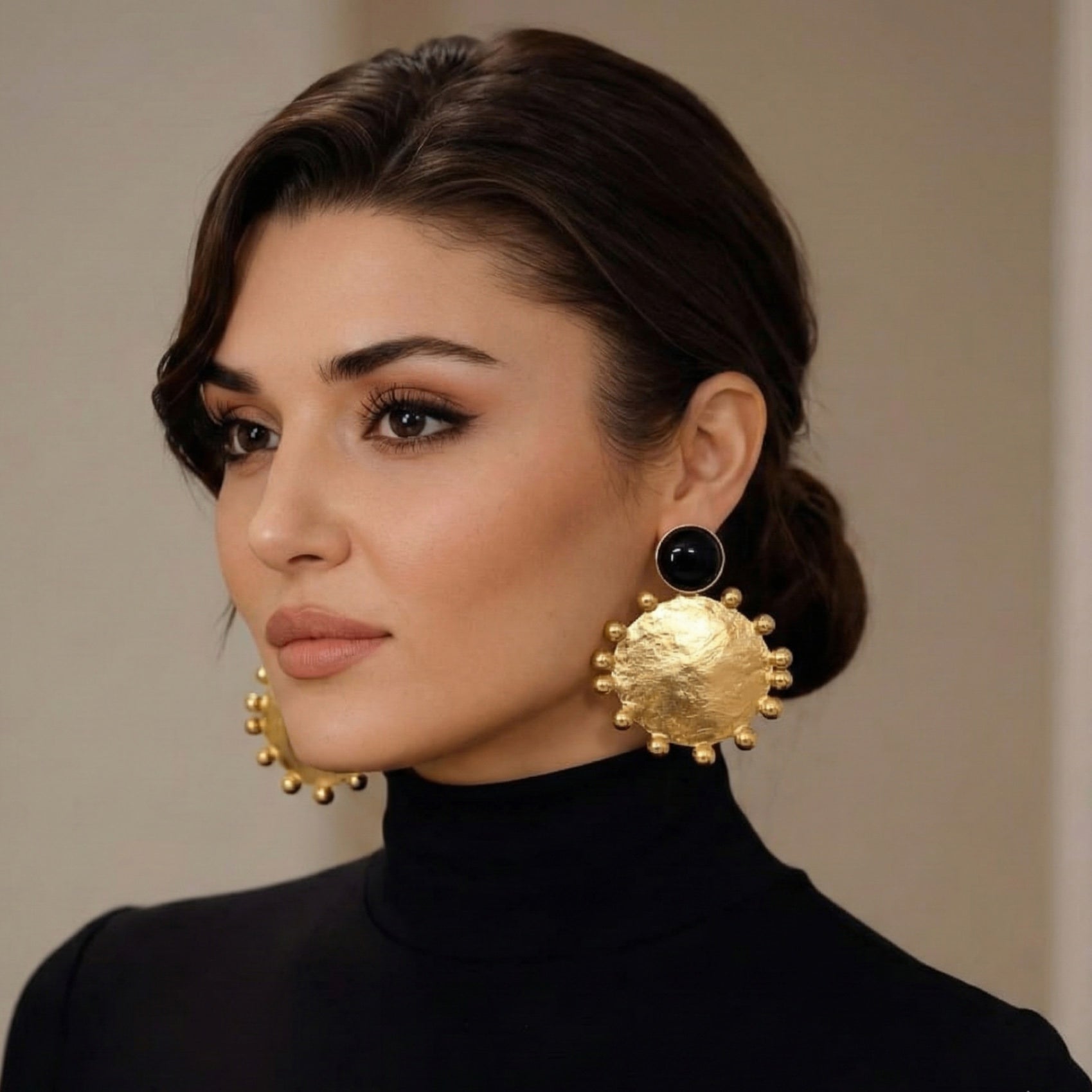 18 Kt Gold Plated Gold Plated Brass - Black with Round Gold Earring - Perfect for Your Everyday Look Semi Precious stone